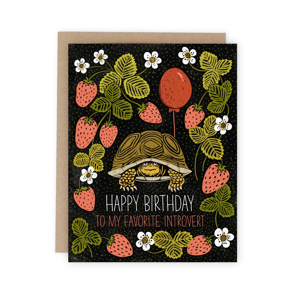 Wit & Whistle | Stacy K Floral | Birthday card with turtle, strawberries, and balloons on a black background.
