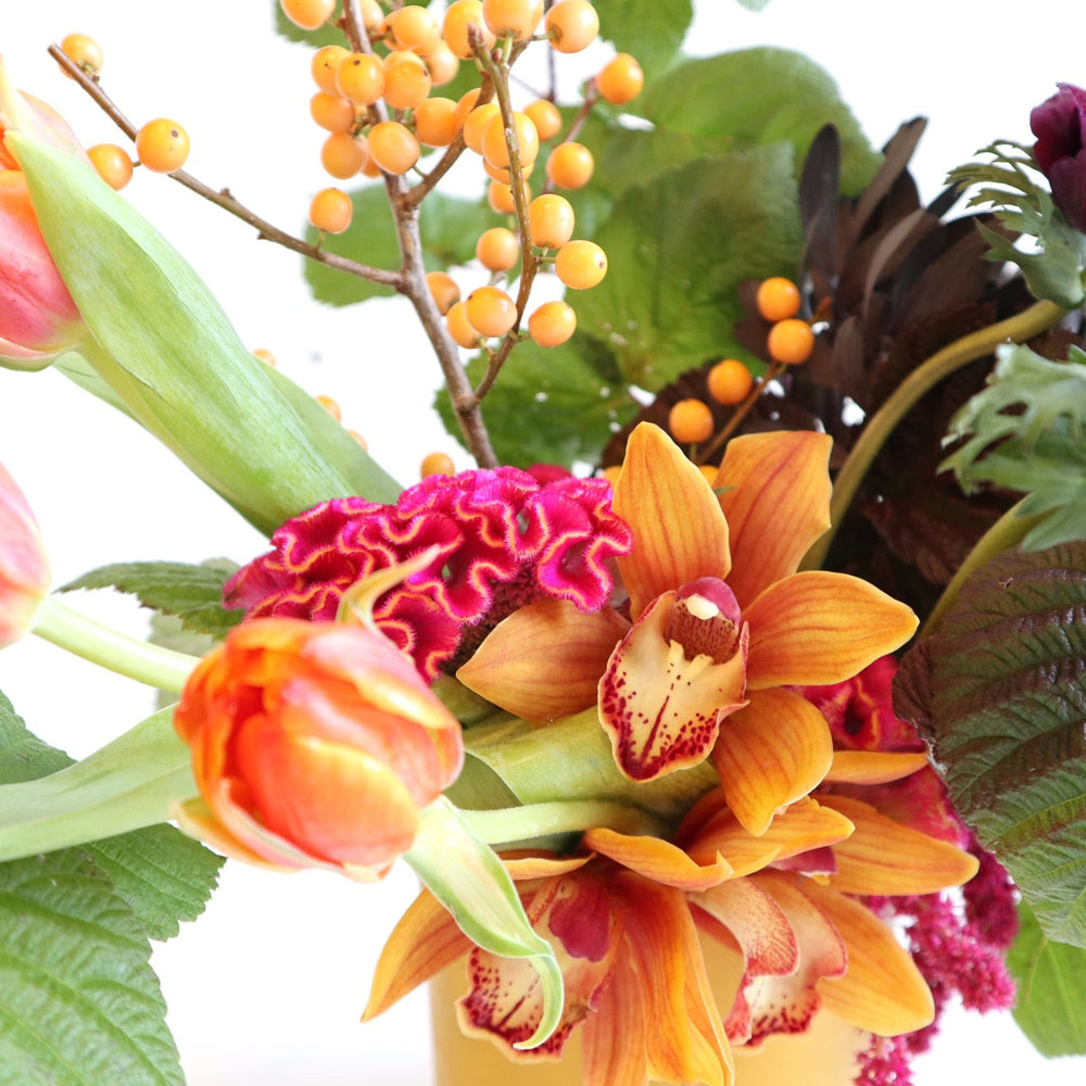 Wonderous | Close up on the tulip, orchids, and berries.