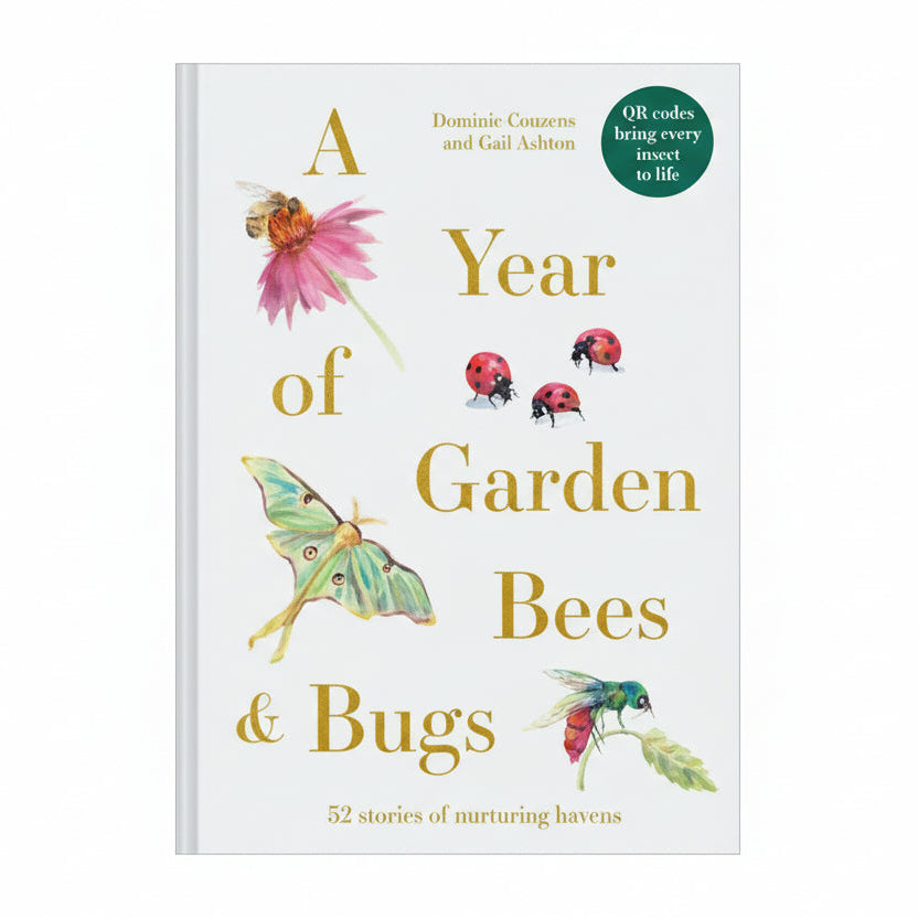 Book cover of 'A Year of Garden Bees & Bugs' with illustrations of insects and flowers.