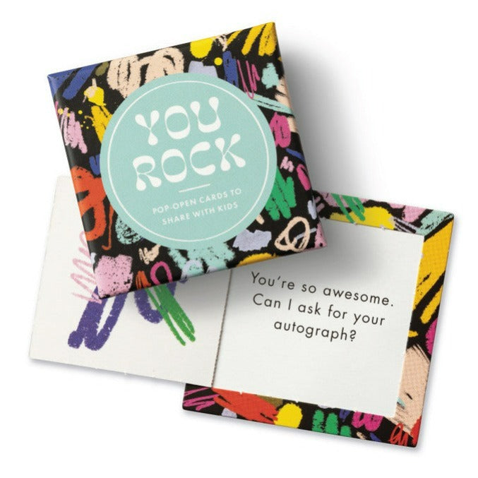 Compendium | "You Rock" Pop-Open Card | A colorful box with pop-open window cards. Text reads "You rock, pop-open cards to share with kids, You're so awesome. Can I ask for your autograph?".