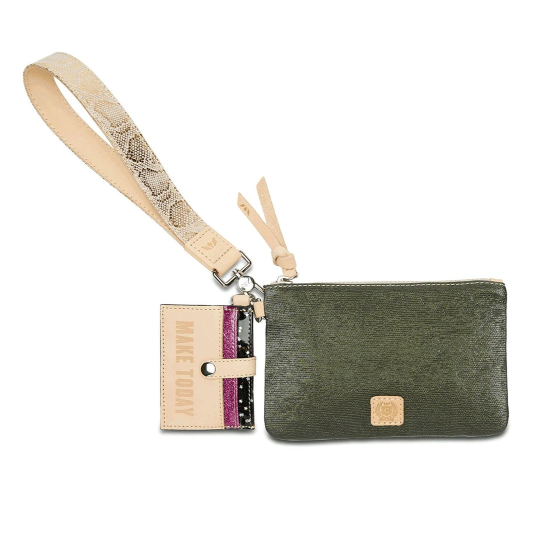Zack Combi Wristlet | A Consuela olive green metallic canvas clutch comes with Diego natural leather logo accents, a Diego leather wallet with 5 card slots, and a gilded snake print wristlet.