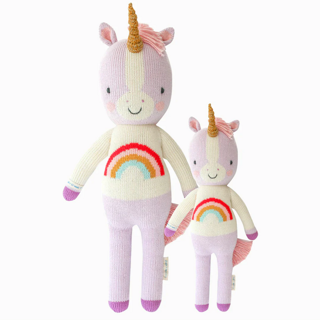 Zoe the Unicorn | A light purple and white unicorn with a rainbow seater, gold horn, and pink mane/tail. Two sizes picture, 20" and 13".