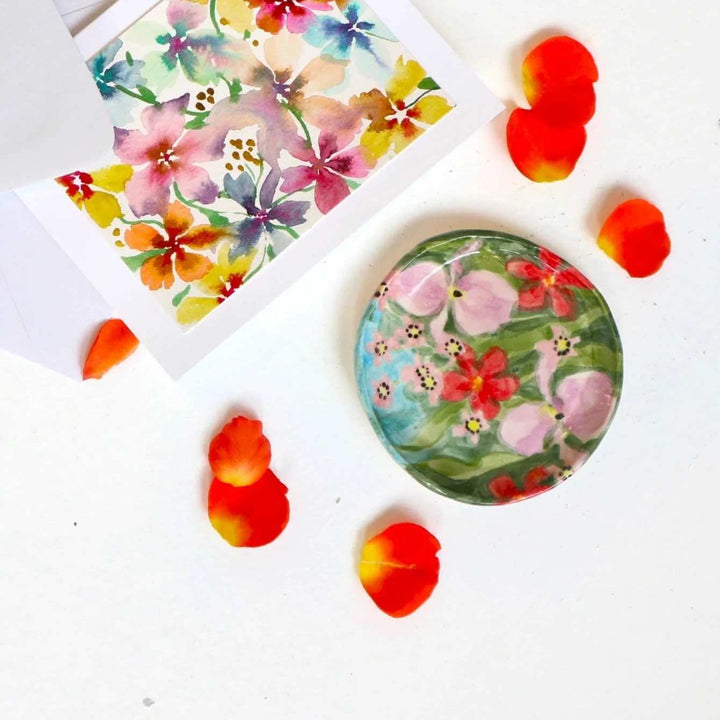 Andrea Durfee | Petite Floral Dishes | Small handcrafted ceramic dishes with a pink and green floral pattern.