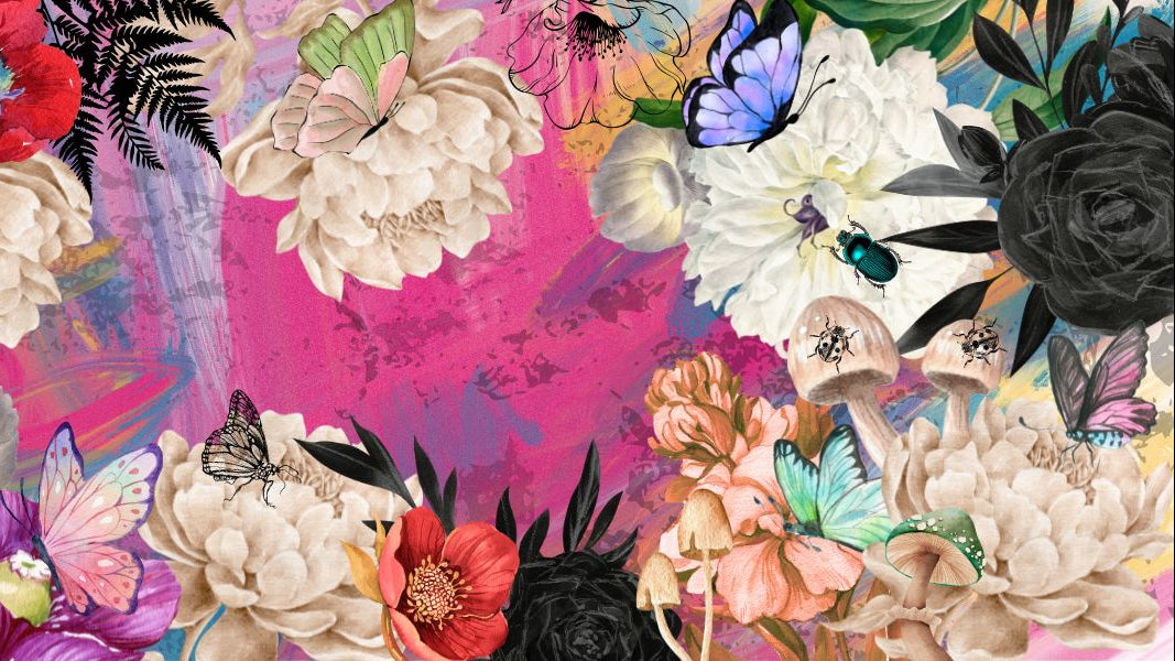 Colorful floral pattern with butterflies on a pink background