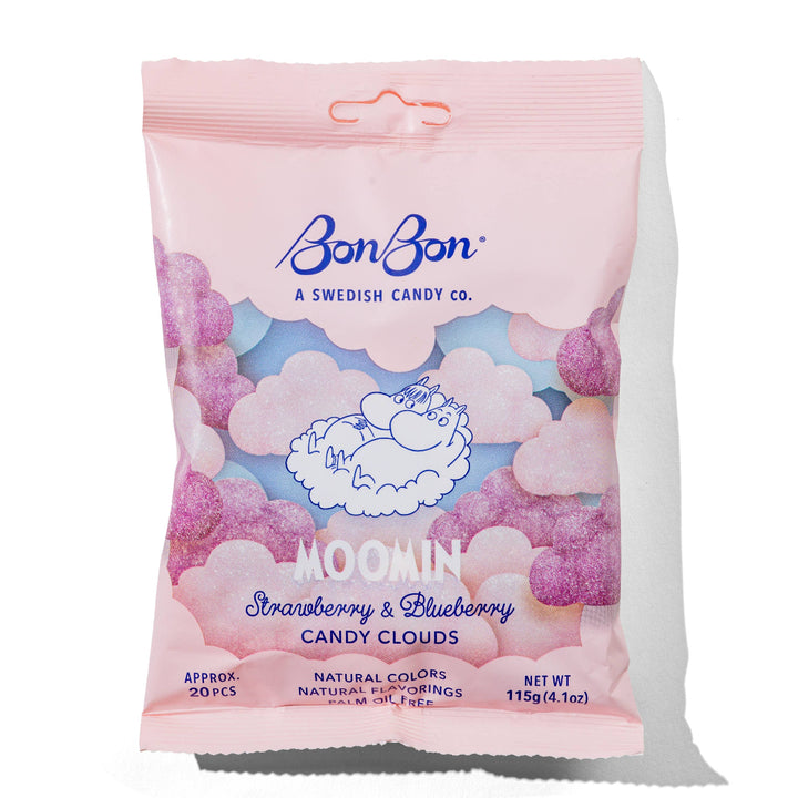 Pink package of BonBon Moomin candy with colorful design on a white background