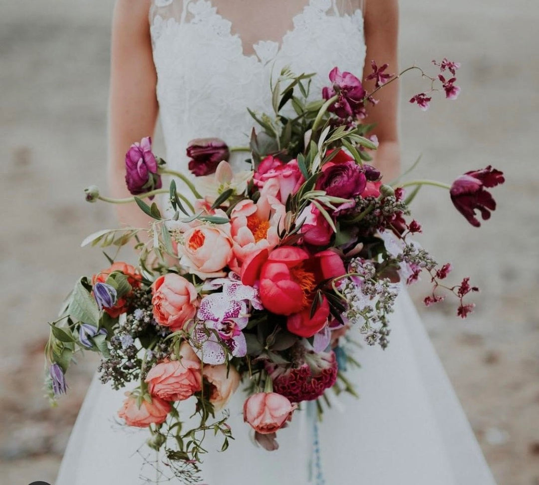 JEWEL TONE BOUQUET OF ORCHIDS, RANUNCULUS, PEONIES AND OTHERS BLOOMS