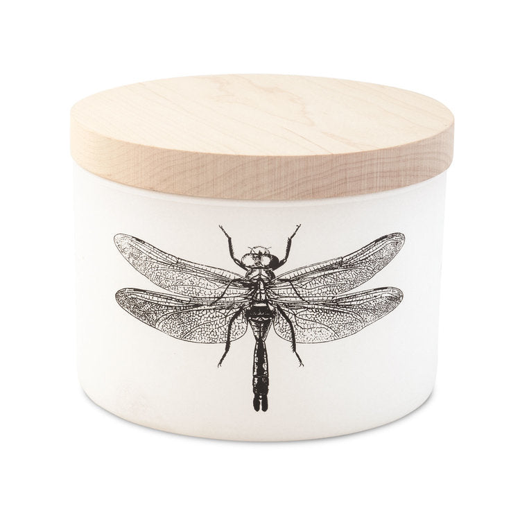 Skeem | Sea salt scented citronella candle with 3 wicks. Dragonfly illustration.