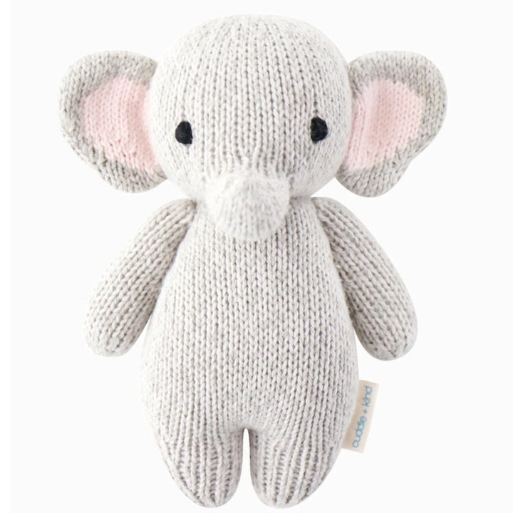 Baby Elephant | A hand knit gray elephant plush with pink ears.