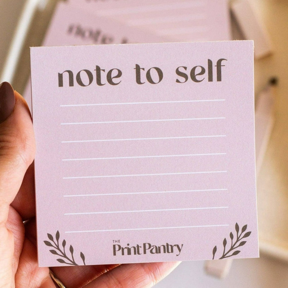 Mini Note to Self Notepad | The Print Pantry | A pink pad lined and with text "note to self"