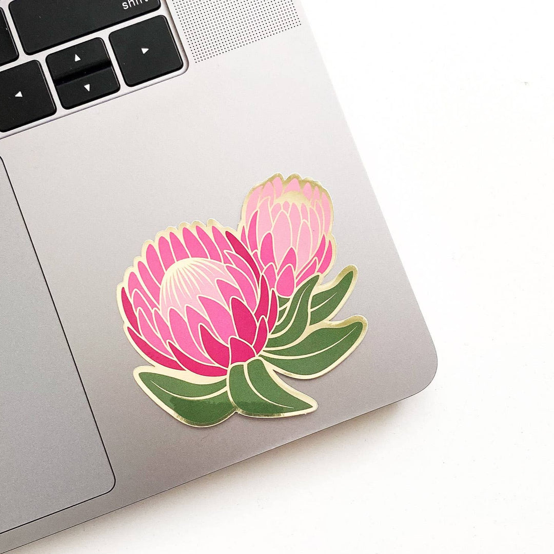 Paper Anchor Co.| Ofelia Protea Sticker | Luxe Metallic Gold Sticker | A pink protea sticker with gold accents.