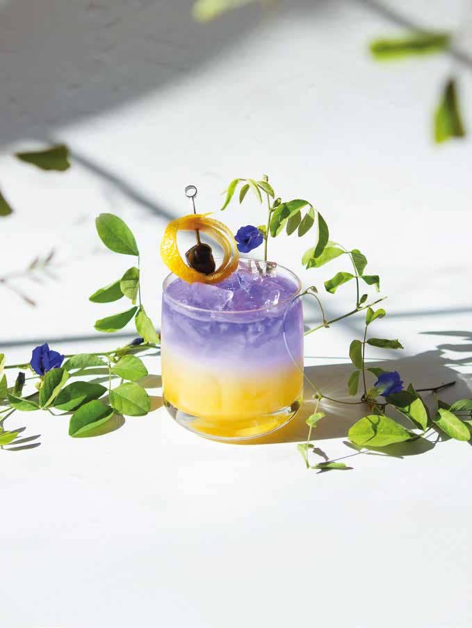 National Book Network | Flower-Infused Cocktail: Flowers, with a Twist | A purple and yellow cocktail with orange peel and accent clematis flowers.