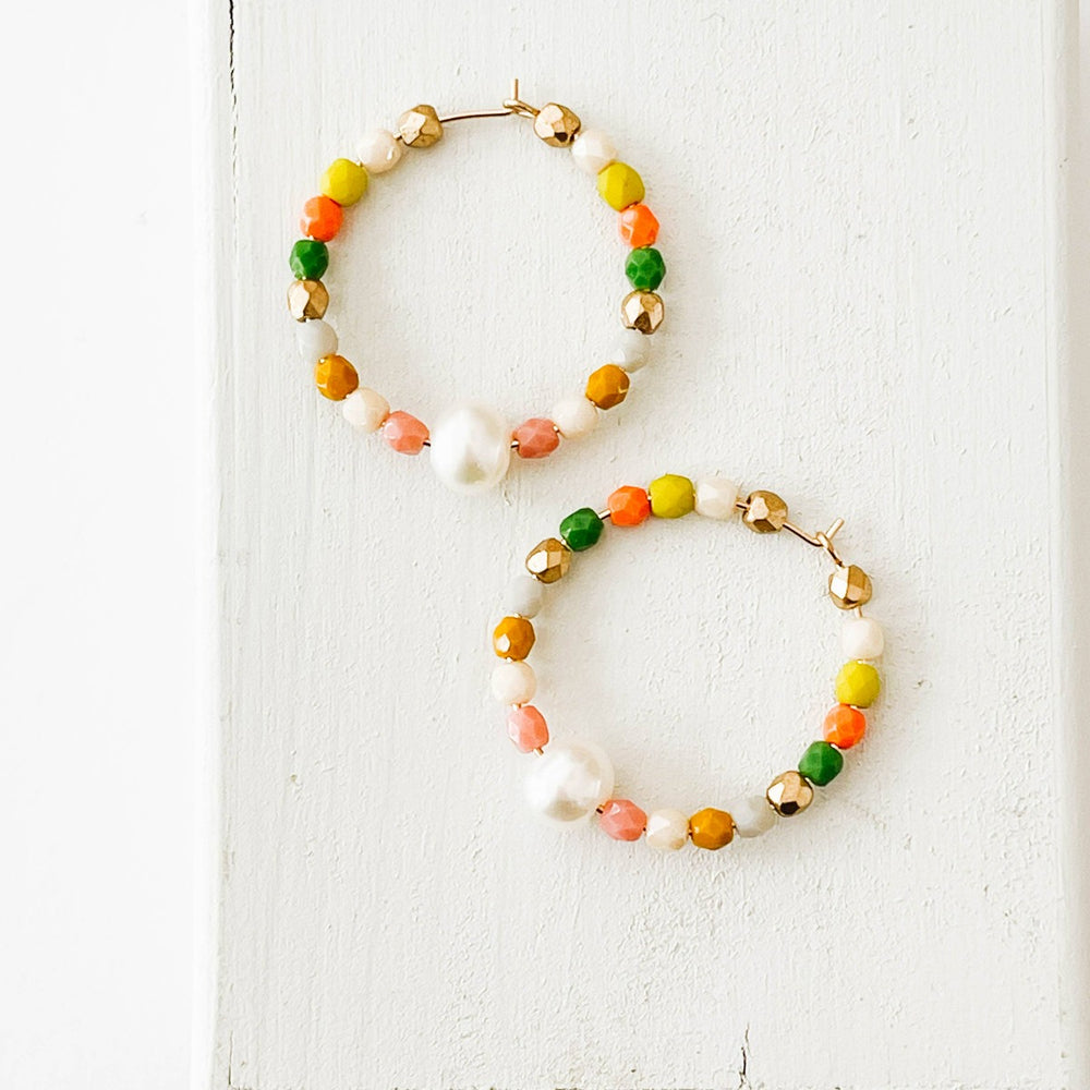 Nest Pretty Things | Pastel Gold filled Pearl Hoops | Colorfully bead hoops with a pearl and gold accents.