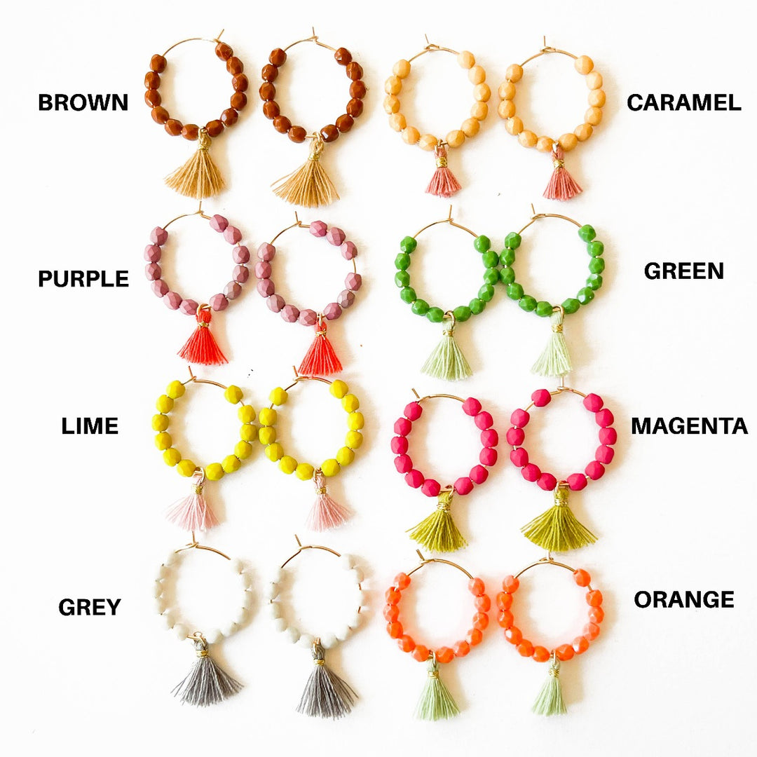 Nest Pretty Things | Small Gold Hoops with bead and tassels: Assorted Colors | Brown, Caramel, Purple, Green, Lime, Magenta, Grey, and Orange.