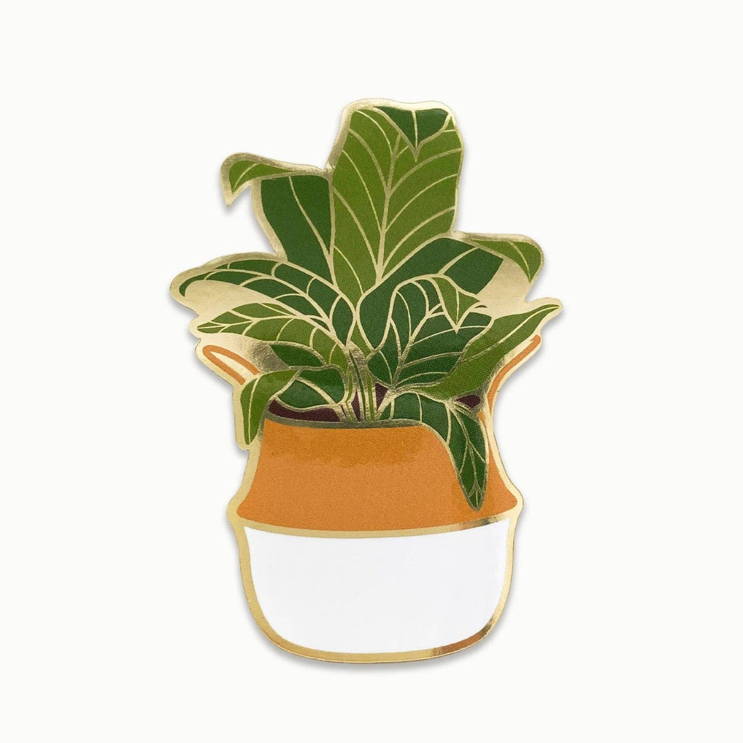 Paper Anchor Co.| Banana Leaf Sticker | Luxe Metallic Gold Sticker | A plant in an orange and white pot with gold accents.