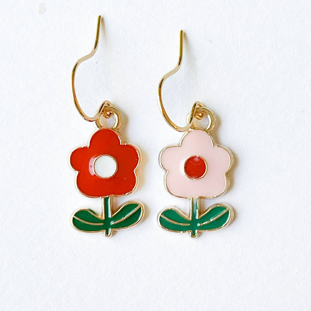 Nest Pretty Things | Small Enamel Flower Mismatch Earrings | Red and Pink