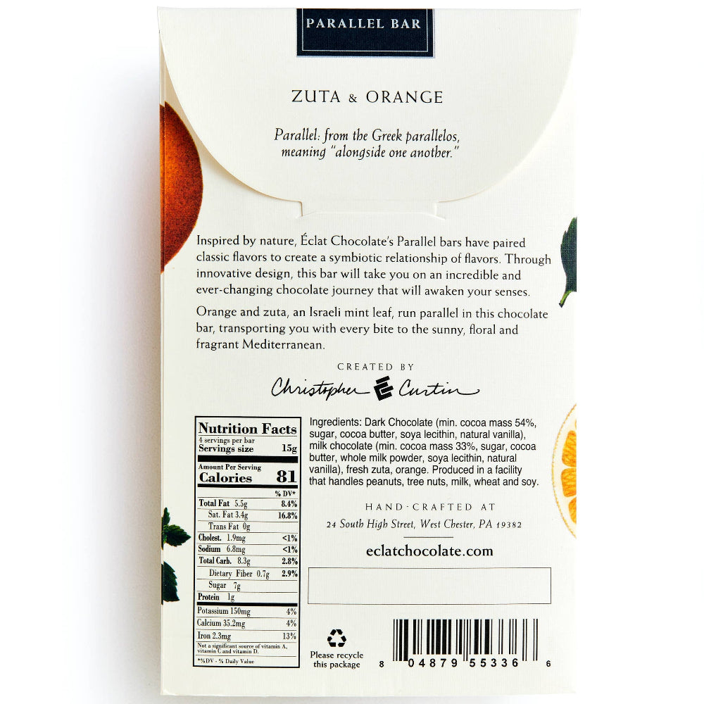 Back of a chocolate bar packaging with text and branding on a white background