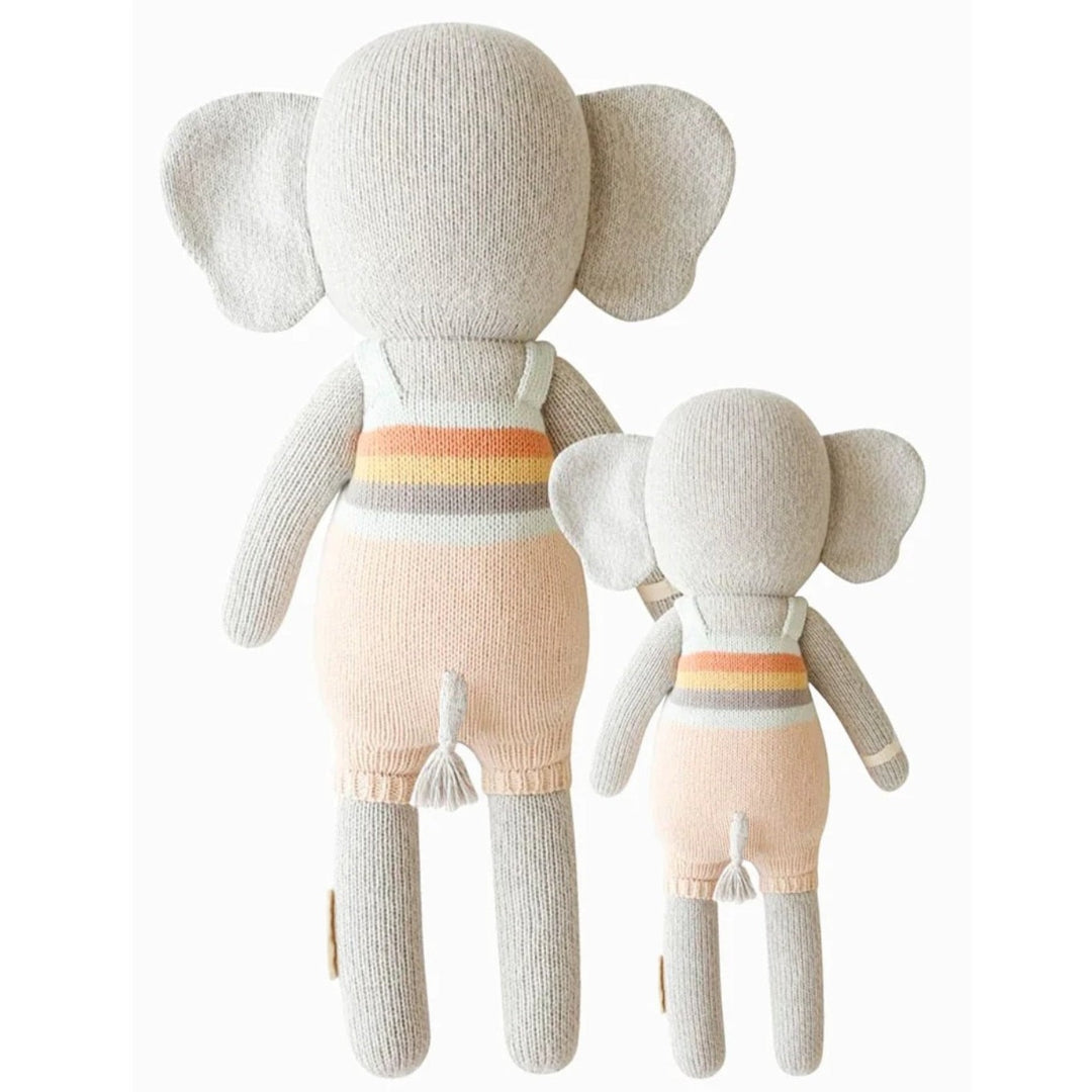 Evan the Elephant | Cuddle + Kind | Reverse side of the elephant plush toy. Same as front but with a knit tail and gray ears.