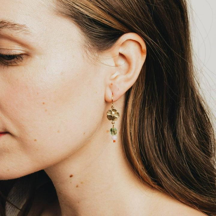 Nest Pretty Things | Small Flower And Bead Earrings | Earring on a model for scale reference. 1" tall.