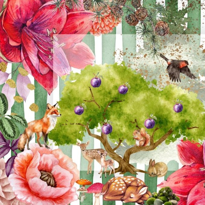 Illustration of a forest scene with animals and flowers