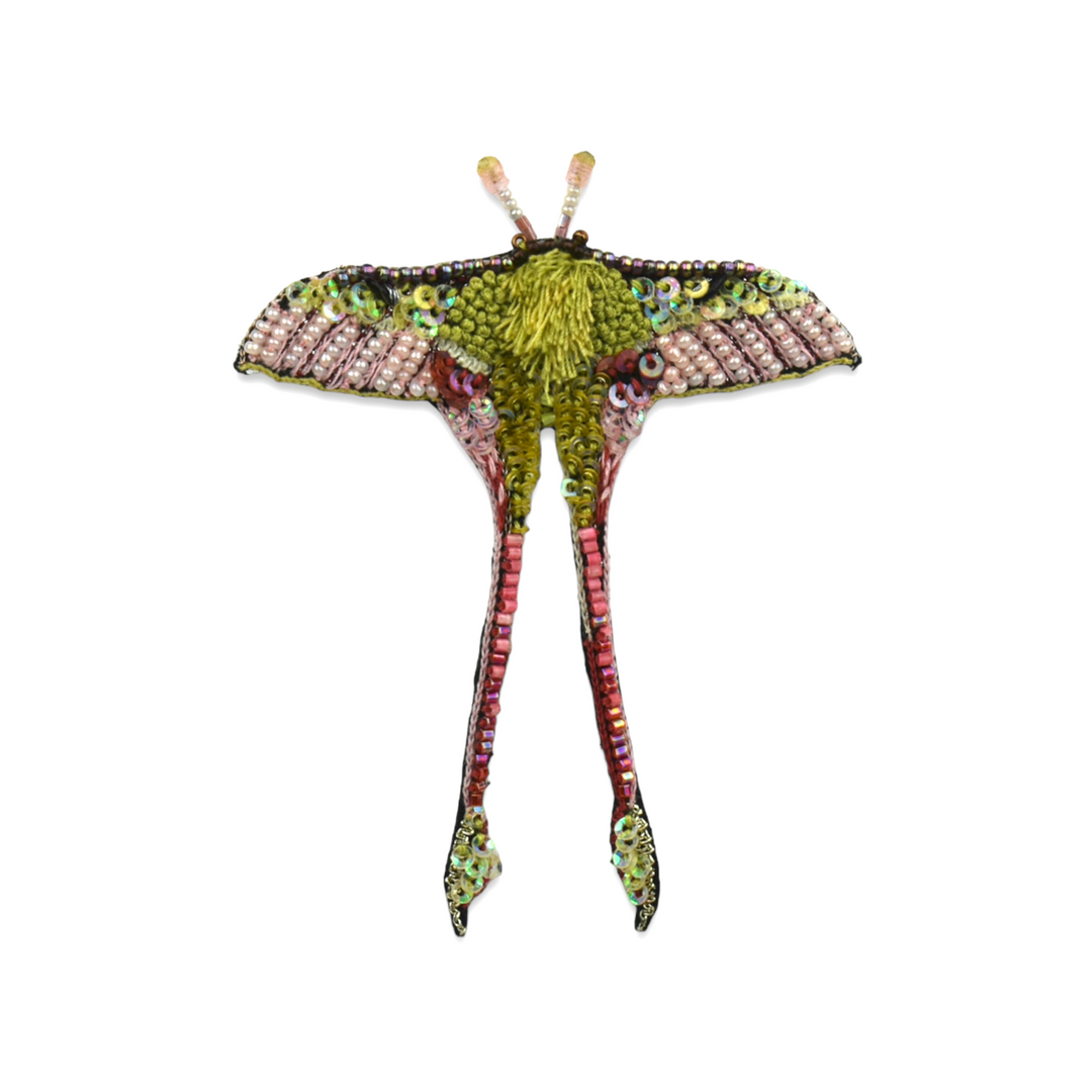 Luna Moth Brooch | Green with pink accents, hand embroidered luna moth.