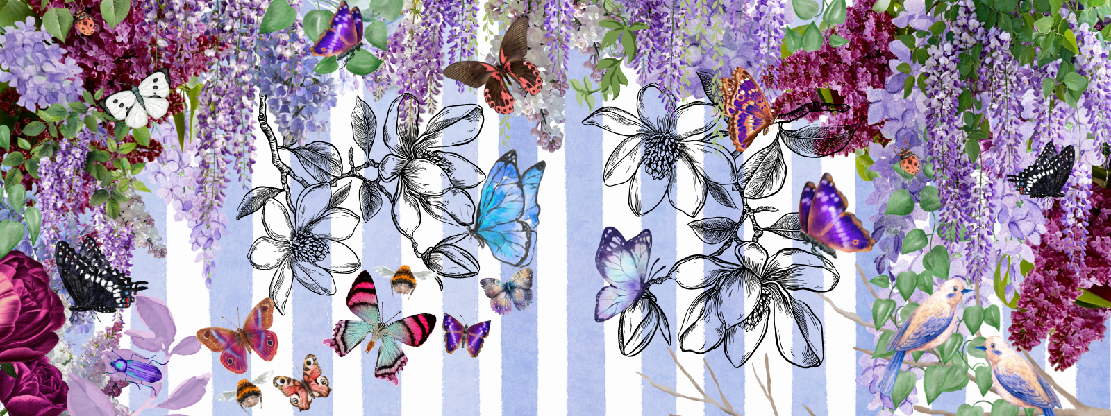 Decorative border with butterflies, flowers, and ribbons on a light blue background