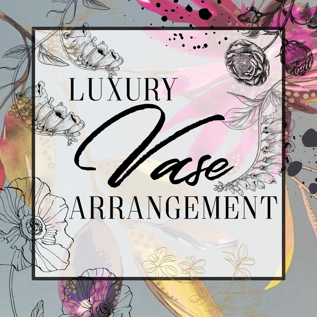 Decorative image with 'Luxury Vase Arrangement' text surrounded by floral designs on a colorful background.