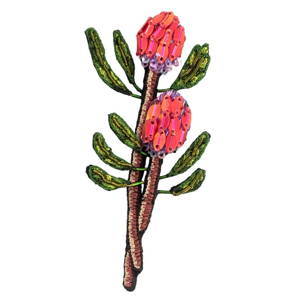 Pink Protea Brooch | Trovelore | Hand embroidered pink protea brooch.