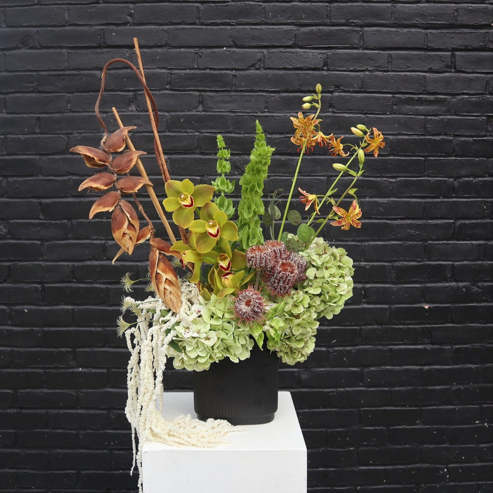 Safari | A natural green arrangement with orchids, hydrangea, and other blooms.