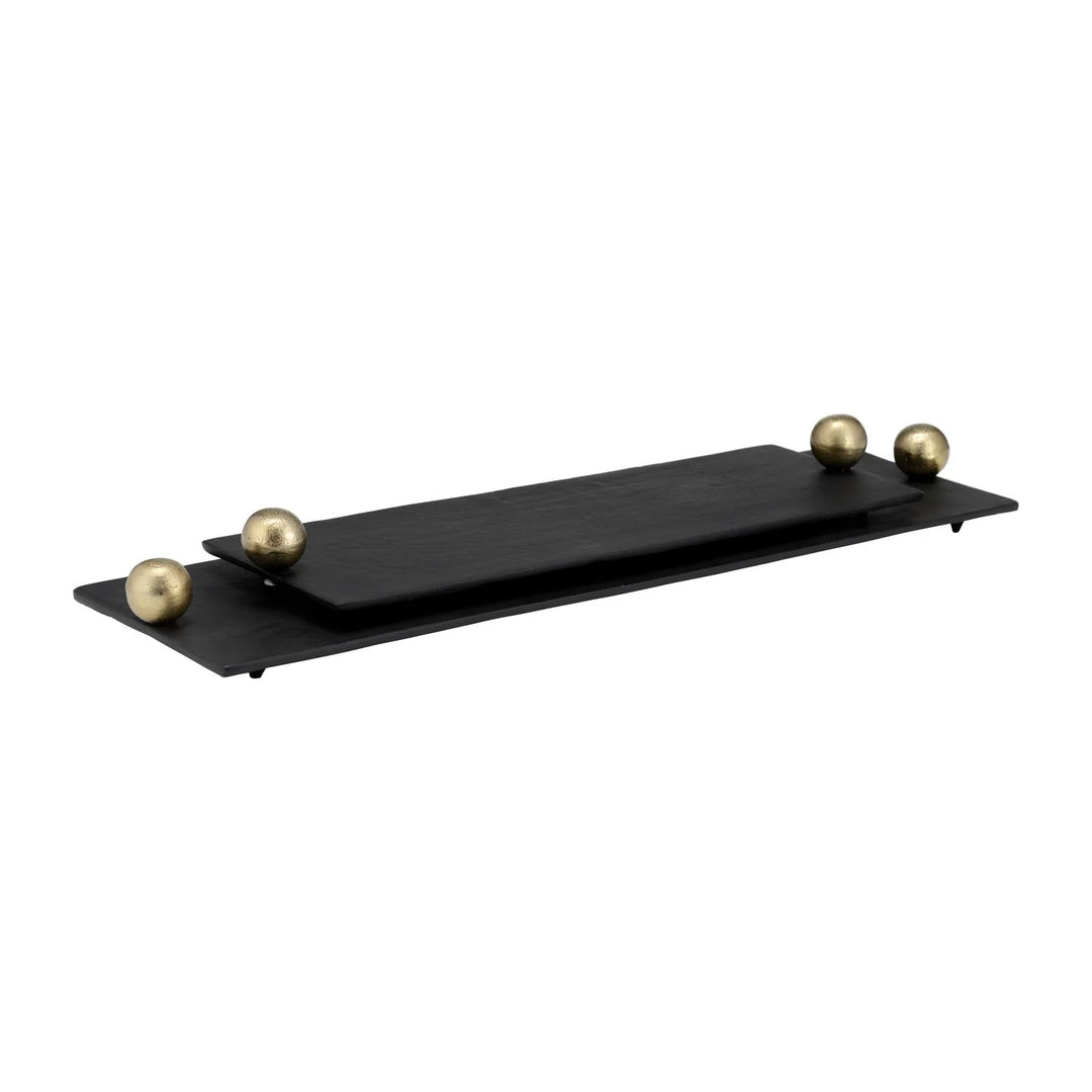 Flat Tray With Gold Knob Handles | Two simple black trays with no edges and a gold knob handle at either end.