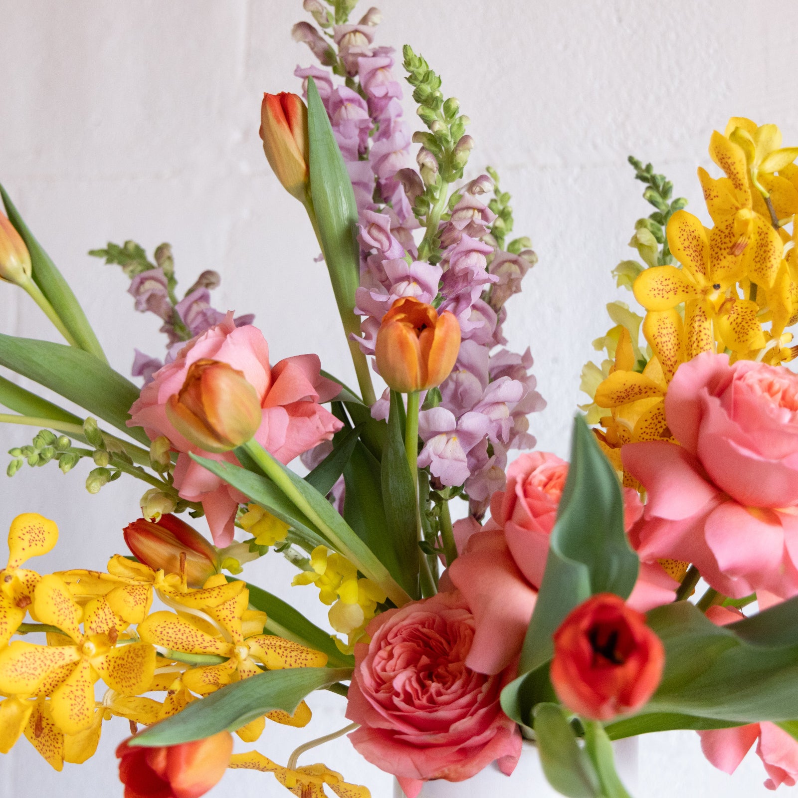 Colorful flower arrangement with tulips, roses, and hydrangeas on a light background