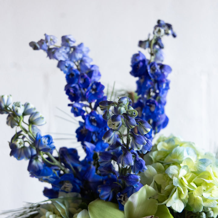 Bouquet of blue and green flowers on a white background