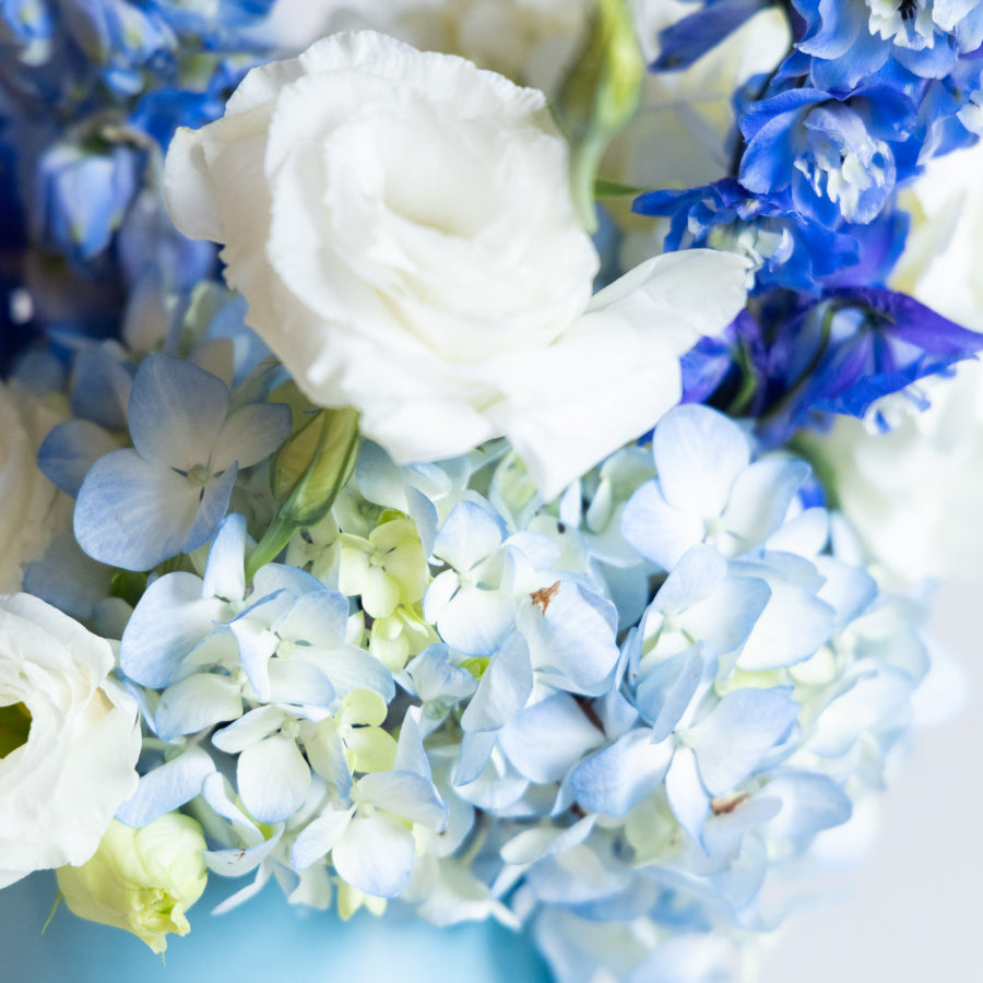 Close-up of a bouquet with blue and white flowers