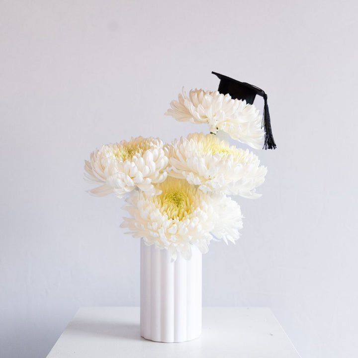 White flowers in a vase with a black graduation cap on a light gray background