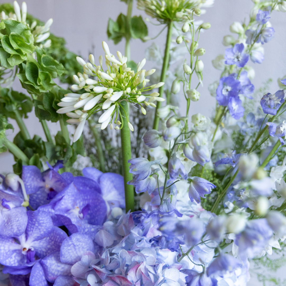 Close-up of a bouquet of flowers with green, white, and purple colors.