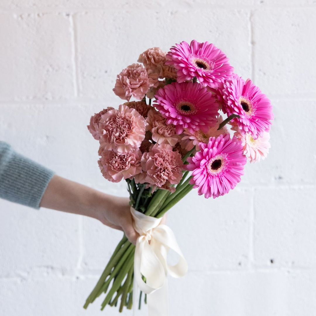 Bouquet of pink flowers held by a person against a white background