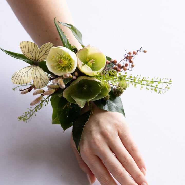 prom corsage for green dress Hunter Green/ White Rose Wrist Corsage