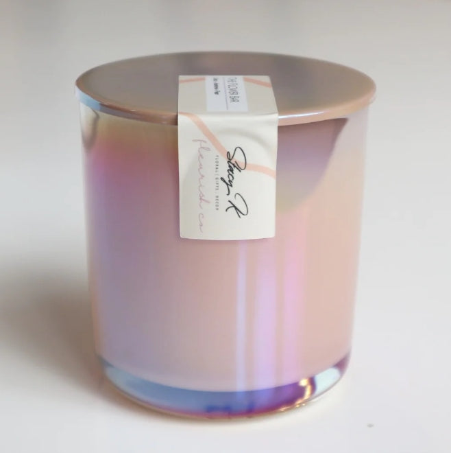 Stacy K Floral and Fleurish Co. Collaboration candle | The Flower Bar Scent. In  pink holographic jar.