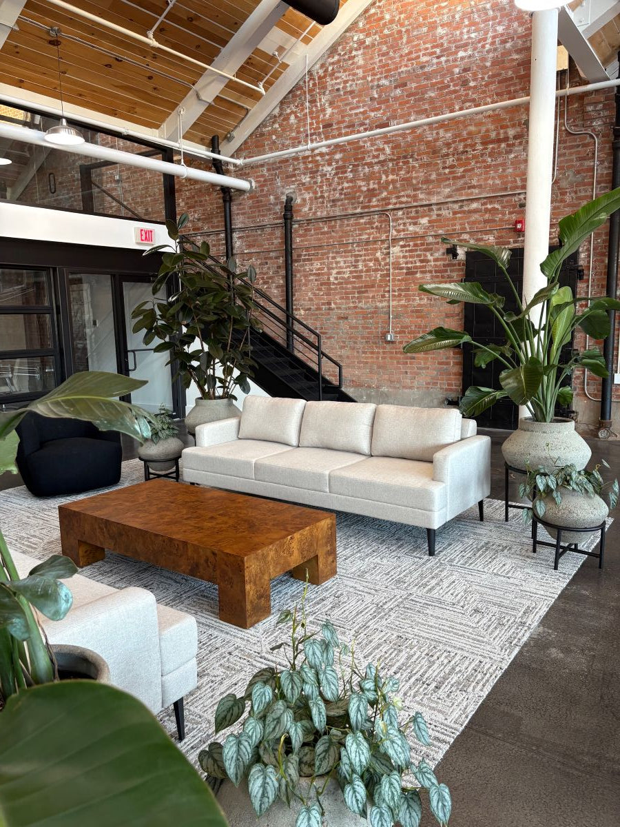 Modern interior design with white sofa, wooden coffee table, and plants.