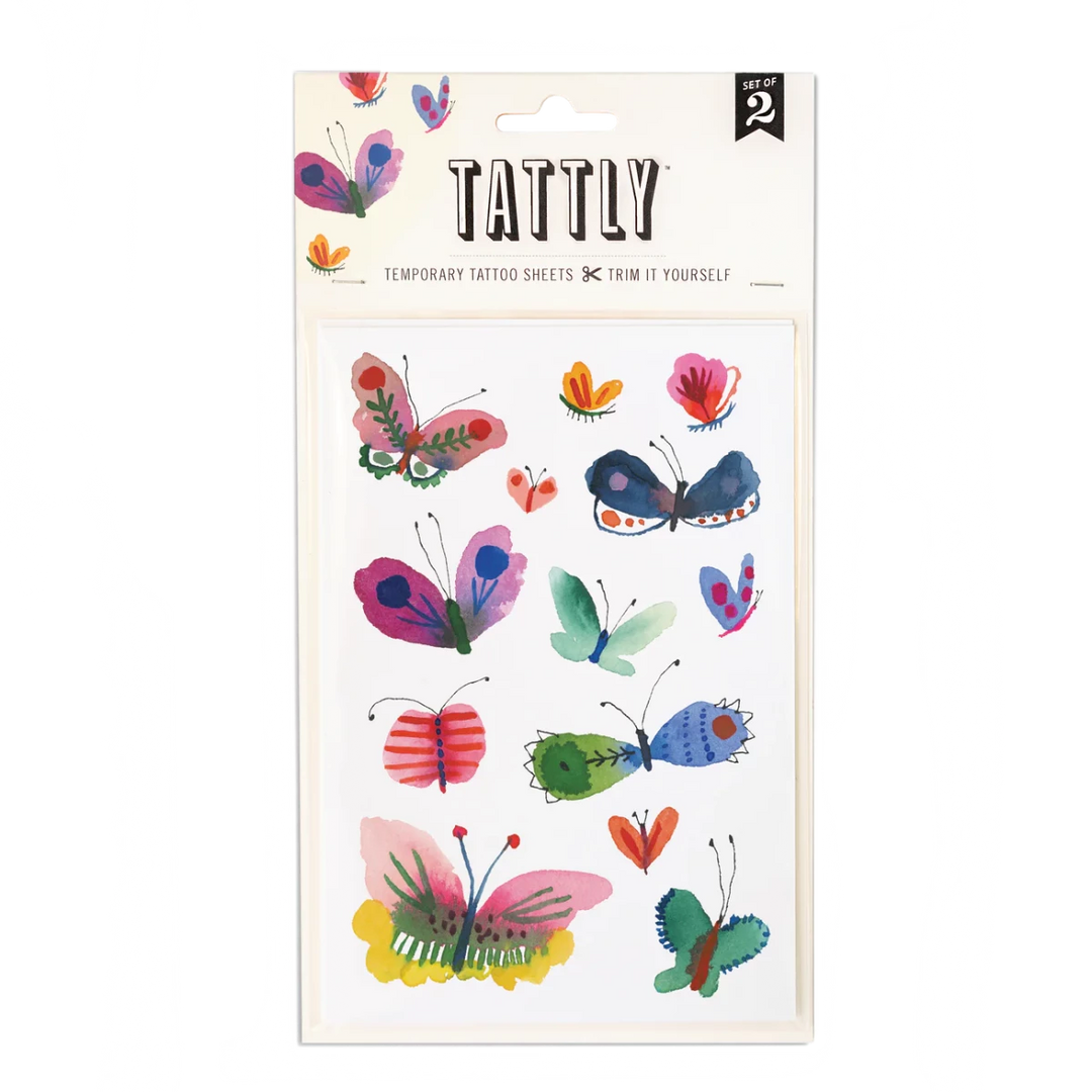Tattly Tattoos | Temporary Tattoo Sheets | A tattoo sheets with watercolor butterflies in multiple colors.