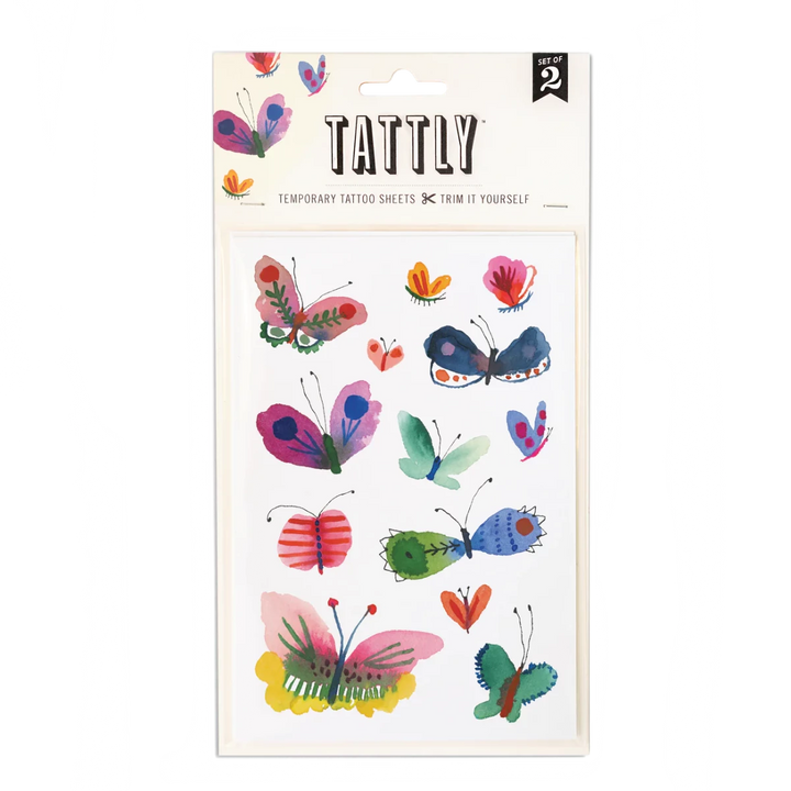 Tattly Tattoos | Temporary Tattoo Sheets | A tattoo sheets with watercolor butterflies in multiple colors.