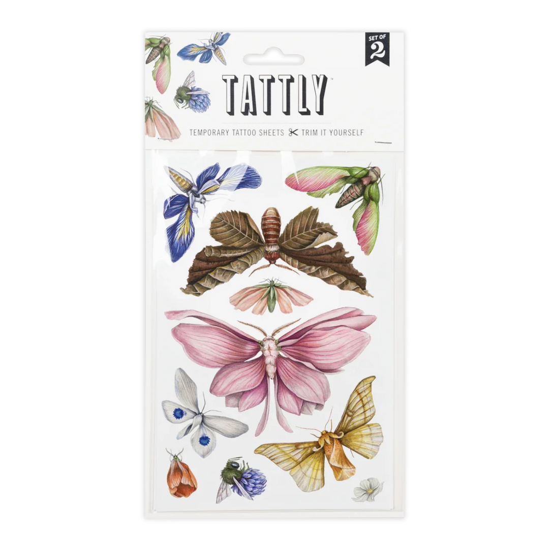 Tattly Tattoos | Temporary Tattoo Sheets | A set of illustrated moths. They are a mix of blue, brown, gray, green, pink, and yellow/gold.