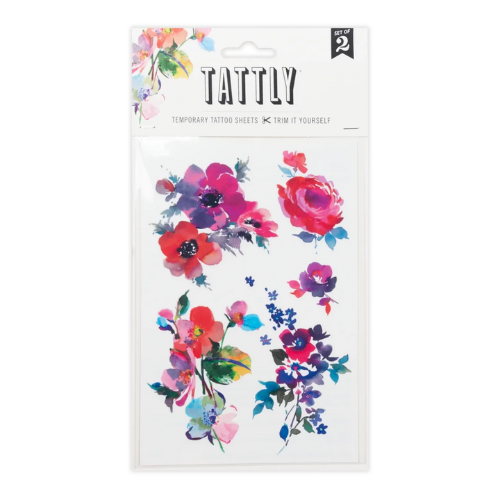 Tattly Tattoos | Temporary Tattoos | A watercolor style tattoo sheet with multi color flowers.