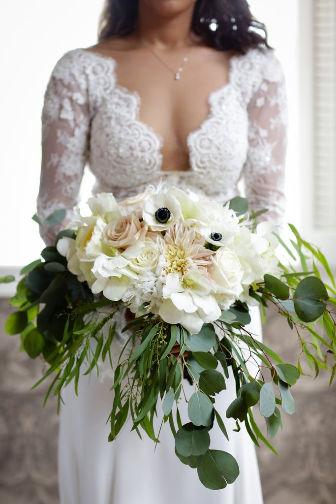 White cascading bouquet with eucalyptus 