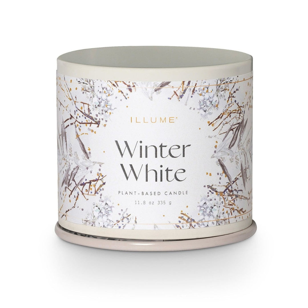 Illume Winter White Luxory Soy Candle, 11.8 oz, 335 G, open candle with snowy white design and gold accents. Photo taken on white background.