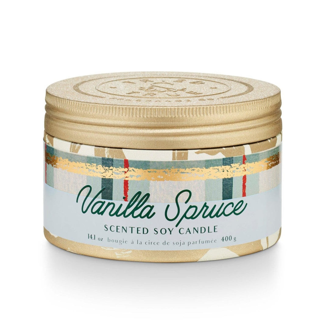 Tried & True Large Tin Candle | Vanilla Spruce | A gold patterned tin with a light blue, teal, and gold label that reads "Vanilla Spruce, Scented Soy Candle, 14.1 oz, bougie a la circe de soja parfumee, 400g".