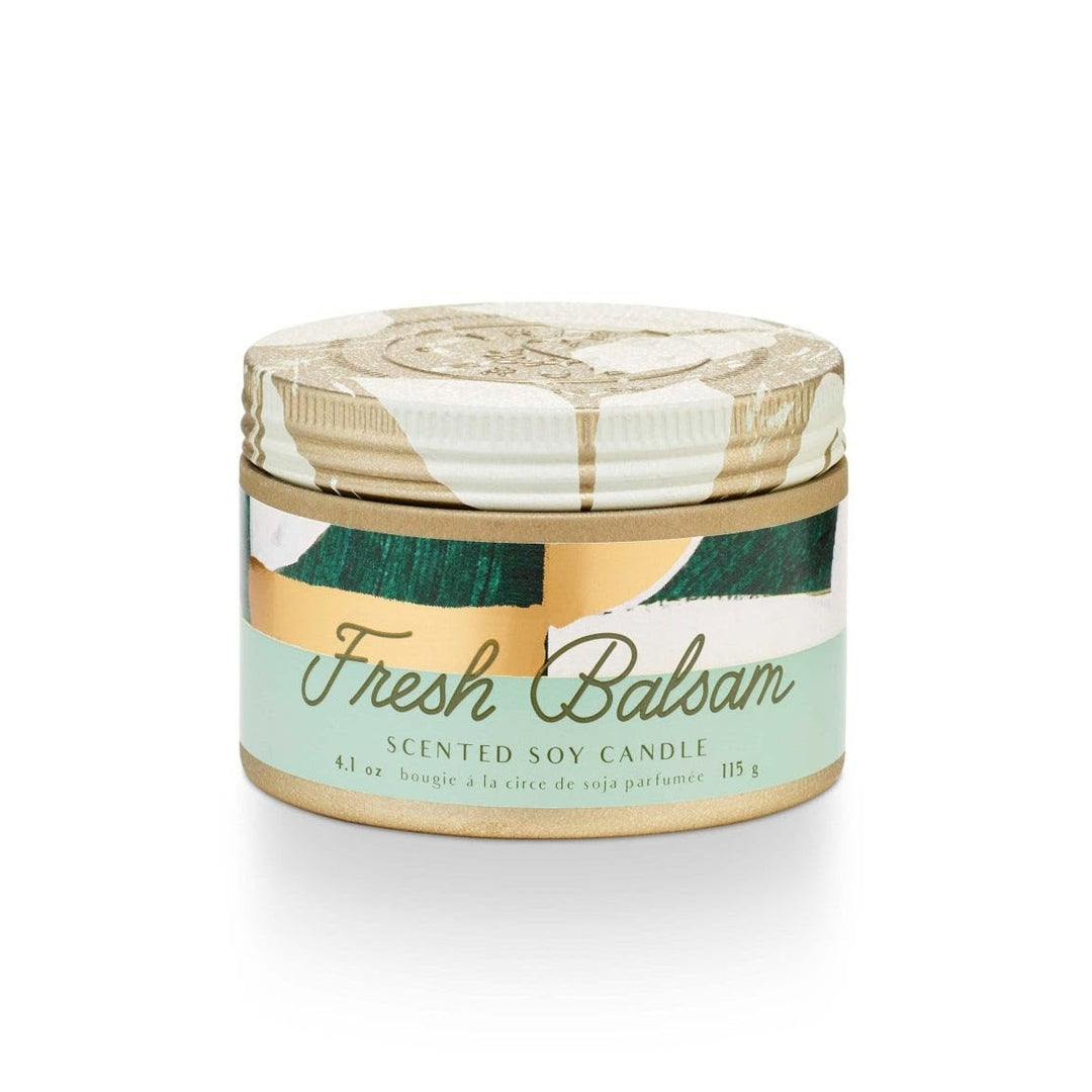 Tried & True Small Tin Candle | Fresh Balsam | A gold tin candle with a green, white, and gold label that reads "Fresh Balsam, Scented Soy Candle, 4.1 oz, bougie a la circe de soja parfumee, 115g."