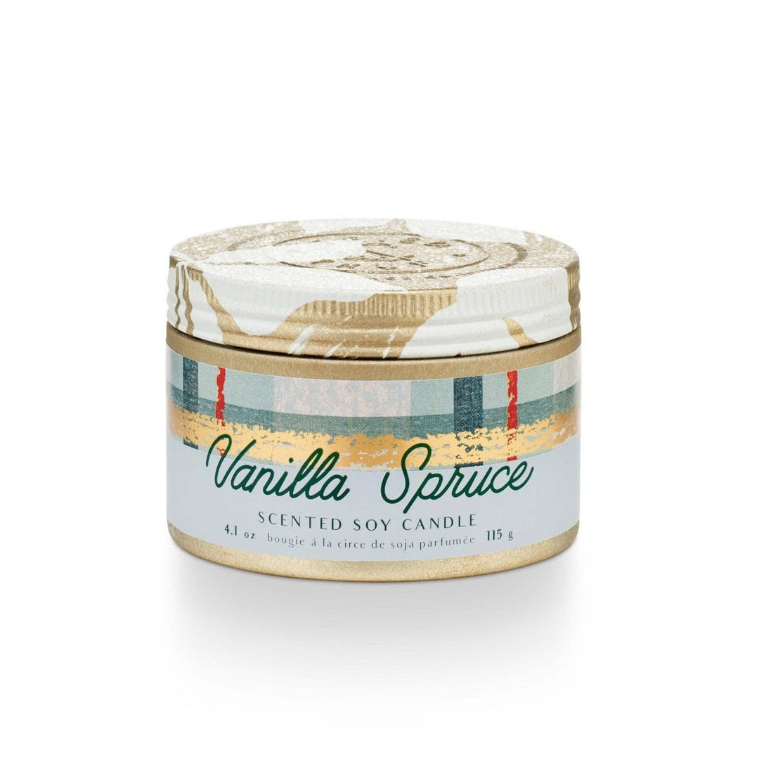 Tried & True Small Tin Candle | Vanilla Spruce | A gold tin candle with a blue, gold, and red label that reads "Vanilla Spruce, Scented Soy Candle, 4.1 oz, bougie a la circe de soja parfumee, 115g".