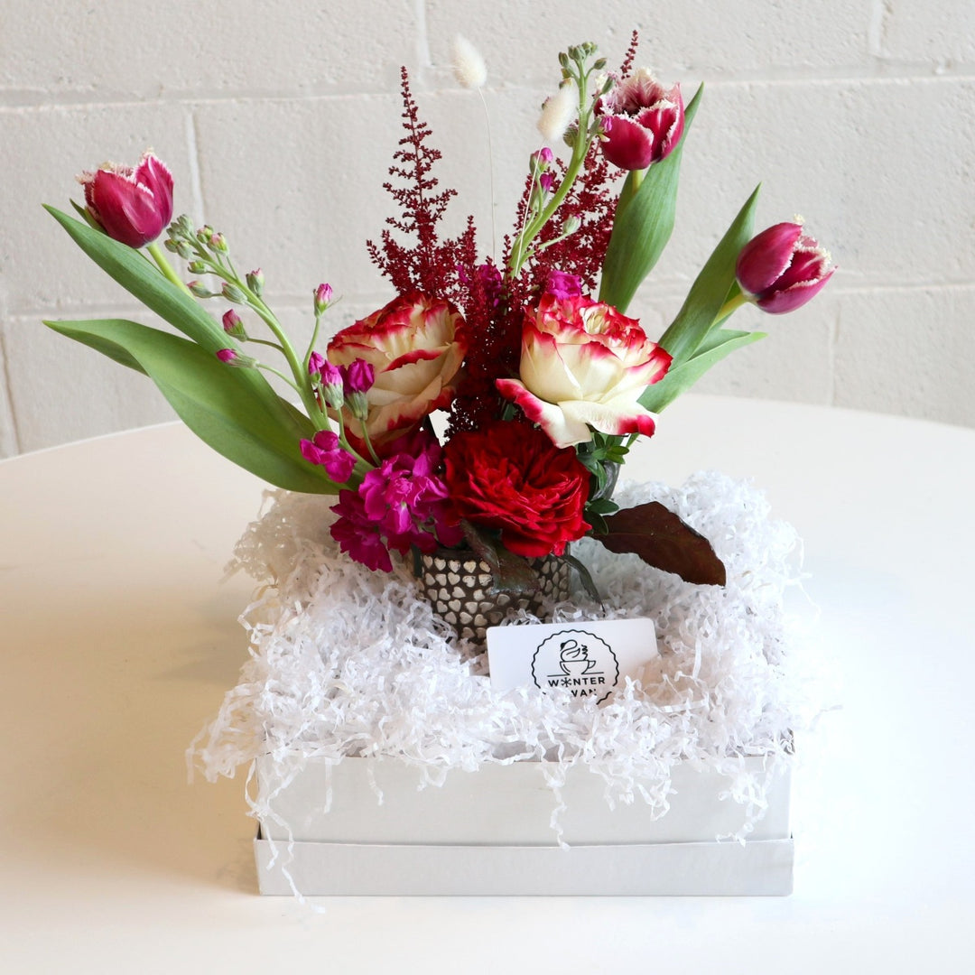 Flowers and Winter Swan Coffee Gift Box | This gift box includes an assortment of beautiful seasonal blooms and a Winter Swan gift card. The vase arrangement has 3 purple tulips, two red and white roses, one dark pink garden rose, two red astilbe and two magenta stock. Made in a white gift box with white shredded filler, taken on a white background.