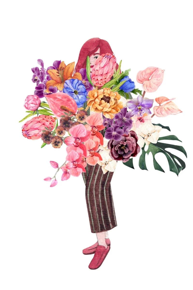 Water color sketch of someone holding a bouquet