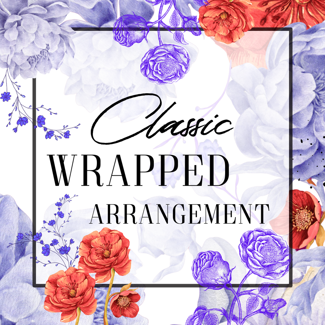 Floral arrangement with text 'Classic Wrapped Arrangement' on a floral background